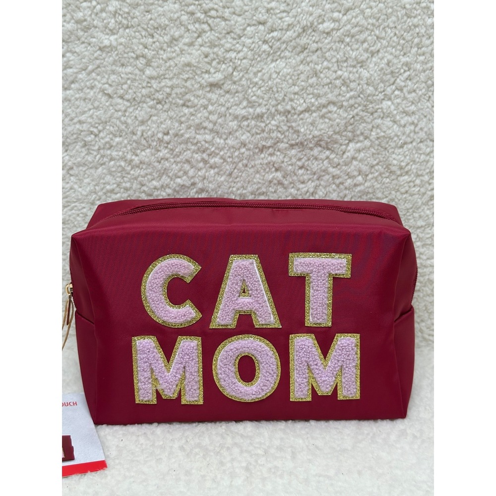 Travel Toiletries Cat Mom Pouch Burgundy Chenille Patch Varsity Makeup Bag New
